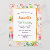 70歳の誕生日ピンクの水色の花模様 ポストカード (正面)