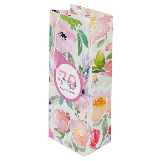 70歳の誕生日ピンクパープル花模様 エレガント ワインギフトバッグ (正面アングル)