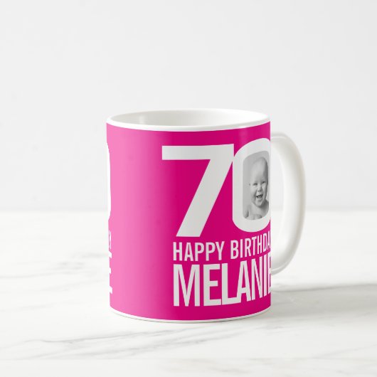 70歳の誕生日ピンク白カスタム色の写真名 コーヒーマグカップ (正面右)