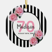 70歳の誕生日ピンク花模様ブラックストライプ名 セラミックオーナメント (正面)