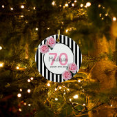 70歳の誕生日ピンク花模様ブラックストライプ名 セラミックオーナメント