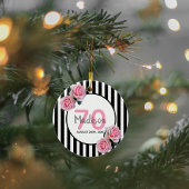 70歳の誕生日ピンク花模様ブラックストライプ名 セラミックオーナメント