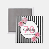 70歳の誕生日ピンク花模様ブラックストライプ名 マグネット (正面/裏面)