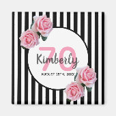 70歳の誕生日ピンク花模様ブラックストライプ名 マグネット (正面)