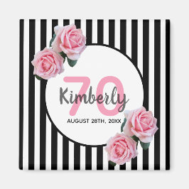 70歳の誕生日ピンク花模様ブラックストライプ名 マグネット