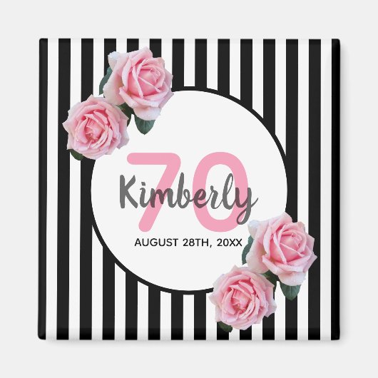70歳の誕生日ピンク花模様ブラックストライプ名 マグネット (正面)