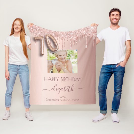 70歳の誕生日フォトバラ金ゴールドグリッターピンクの友達 フリースブランケット (インサイチュ)
