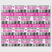 70歳の誕生日フォトピンク白黒ストライプ ラッピングペーパー (フラット)