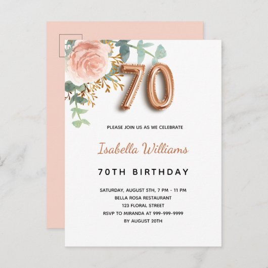 70歳の誕生日フローラバラ金ゴールドユーカリ インビテーションポストカード (正面/裏面)