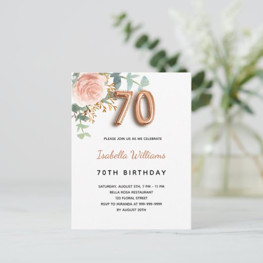 70歳の誕生日フローラバラ金ゴールドユーカリ インビテーションポストカード (スタンド正面)