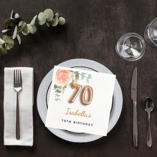 70歳の誕生日フローラバラ金ゴールドユーカリ・モノグラム スタンダードカクテルナプキン