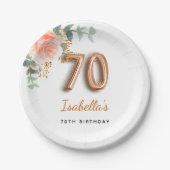 70歳の誕生日フローラバラ金ゴールドユーカリ・モノグラム ペーパープレート (正面)
