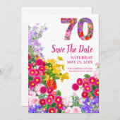 70歳の誕生日フローラモダン日付カードを保存 セーブザデート (正面/裏面)