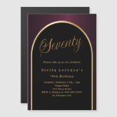 70歳の誕生日ブラックブルゴーニュ金ゴールドアーチ贅沢 マグネット招待状 (正面/裏面)