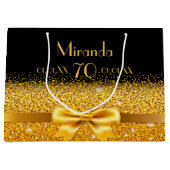 70歳の誕生日ブラックモノグラム金ゴールドエレガント ラージペーパーバッグ (正面)