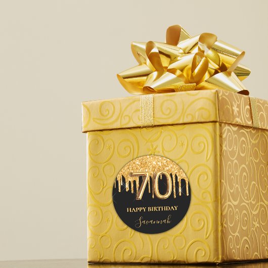 70歳の誕生日ブラック金ゴールドグリッターバルーンパーティー ラウンドシール