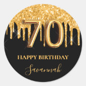 70歳の誕生日ブラック金ゴールドグリッターバルーンパーティー ラウンドシール (正面)