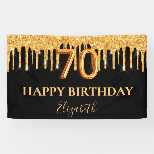 70歳の誕生日ブラック金ゴールドグリッター 横断幕 (横)