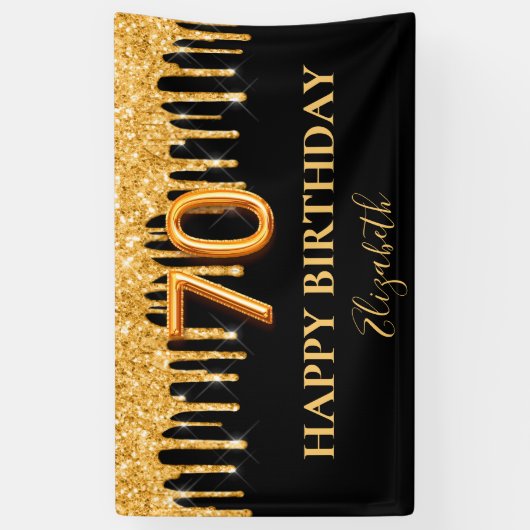70歳の誕生日ブラック金ゴールドグリッター 横断幕 (縦)