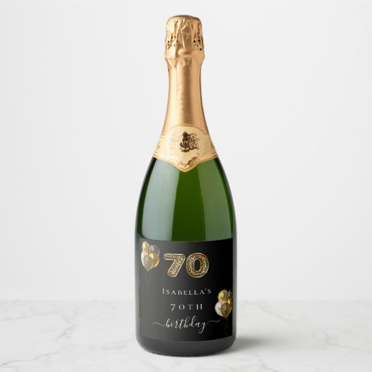 70歳の誕生日ブラック金ゴールドヒョウ風船 スパークリングワインラベル (正面)