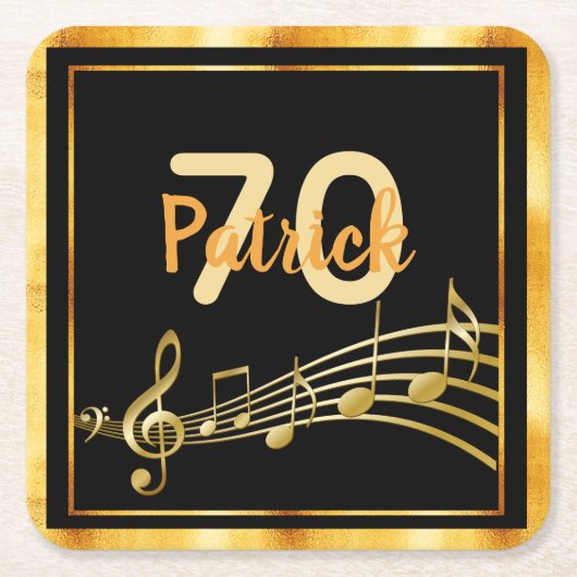 70歳の誕生日ブラック金ゴールド音符名 スクエアペーパーコースター (正面)