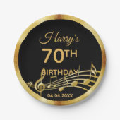 70歳の誕生日ブラック金ゴールド音符名 ペーパープレート (正面)