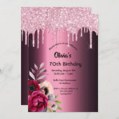 70歳の誕生日ブルゴーニュのピンクのグリッタードリップ花模様 招待状 (正面/裏面)