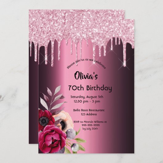 70歳の誕生日ブルゴーニュのピンクのグリッタードリップ花模様 招待状 (正面/裏面)