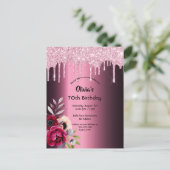 70歳の誕生日ブルゴーニュ紫のグリッター ポストカード (スタンド正面)