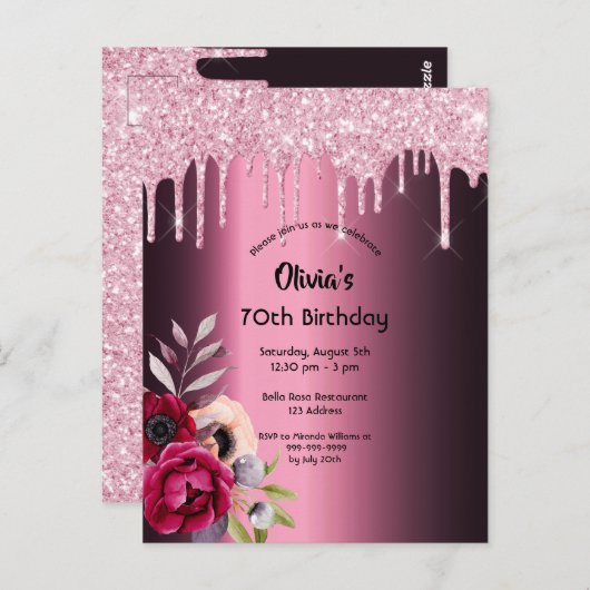 70歳の誕生日ブルゴーニュ紫のグリッター ポストカード (正面/裏面)