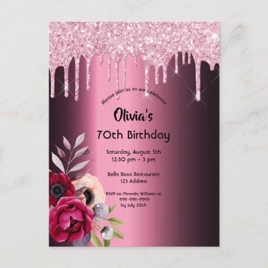 70歳の誕生日ブルゴーニュ紫のグリッター ポストカード (正面)