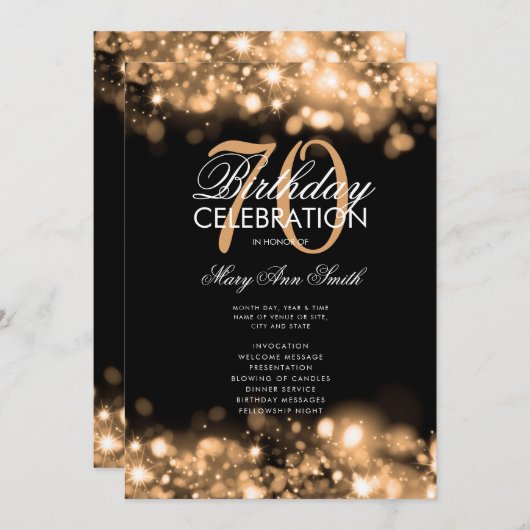 70歳の誕生日プログラム グラム ライト ゴールド メニュー 招待状 (正面/裏面)