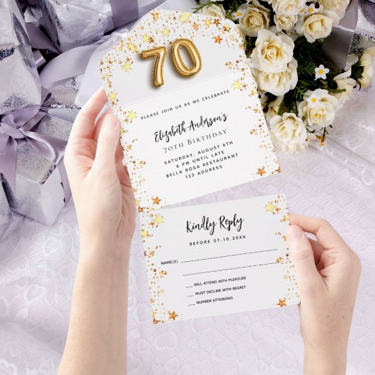 70歳の誕生日ホワイトスター金ゴールドパーティーRSVP オールインワン招待状