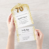 70歳の誕生日ホワイト金ゴールドパーティーRSVP オールインワン招待状 (貼ってはがせる)