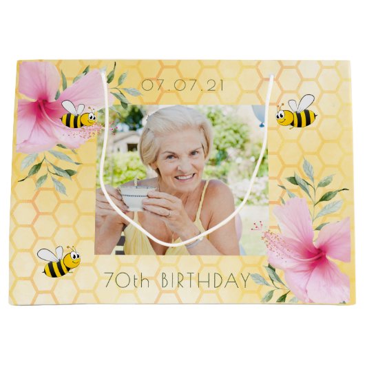 70歳の誕生日ミツバチのハチの花の写真 ラージペーパーバッグ (正面)