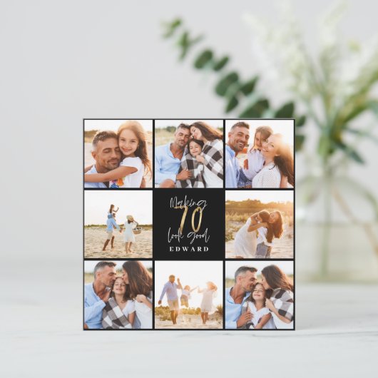 70歳の誕生日モダンブラック&金ゴールド写真コラージュ (スタンド正面)