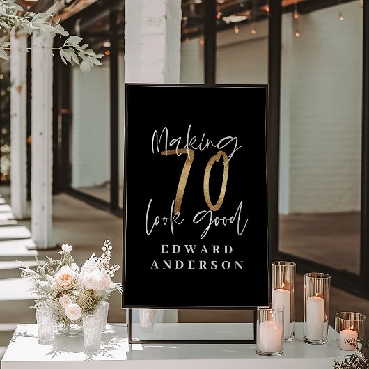 70歳の誕生日モダンブラック&金ゴールド写真コラージュ ポスター