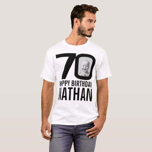 70歳の誕生日モノラカスタムルの名前と写真の名前 Tシャツ (正面フル)
