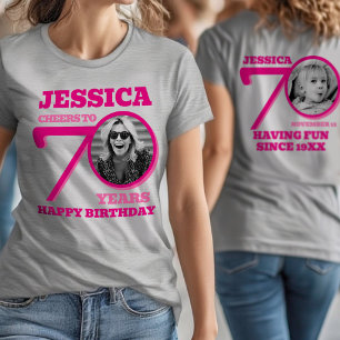 70歳の誕生日両面写真 名前 ピンクの文字 Tシャツ