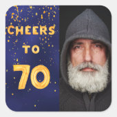 70歳の誕生日応援から70歳の金ゴールドバルーン文字ブルー スクエアシール (正面)