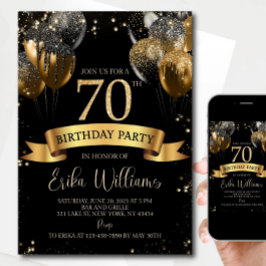 70歳の誕生日招待状テンプレート: ブラック＆ゴールドバイイチューアルデザイン 招待状