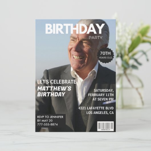 70歳の誕生日招待状メンズヒム誌カバー 招待状 (スタンド正面)