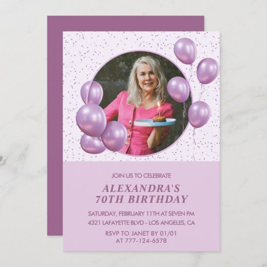 70歳の誕生日招待状風船フォトパープル 招待状 (正面/裏面)