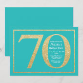 70歳の誕生日招待状 ティールとゴールドのグリッター 招待状 (正面/裏面)