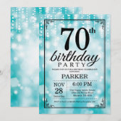 70歳の誕生日招待状 ティールグリッター 招待状 (正面/裏面)