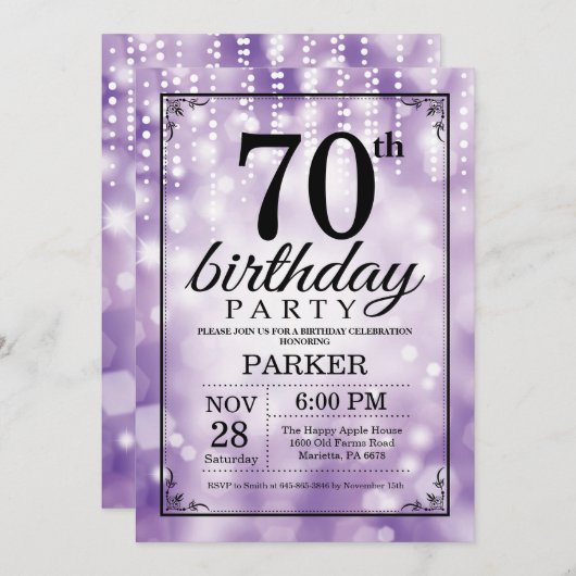 70歳の誕生日招待状 パープルグリッター 招待状 (正面/裏面)