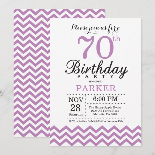 70歳の誕生日招待状 パープルシェブロン 招待状 (正面/裏面)