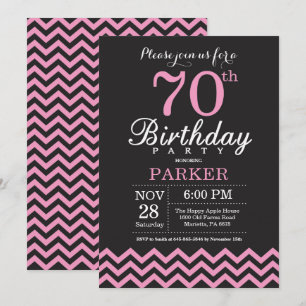70歳の誕生日招待状 ブラックとピンクのシェブロン 招待状