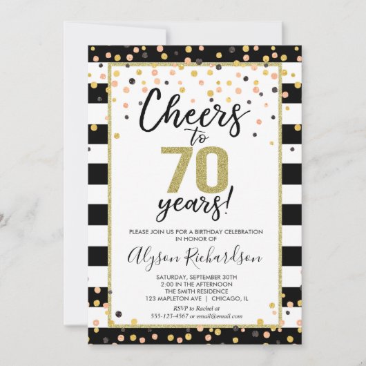 70歳の誕生日招待状、ブラックと金ゴールド応援 招待状 (正面)