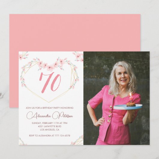 70歳の誕生日招待状 ボホ フラワーフォト 招待状 (正面/裏面)